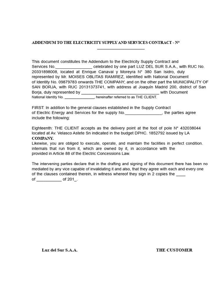 Addendum To The Electricity Supply and Services Contract | PDF