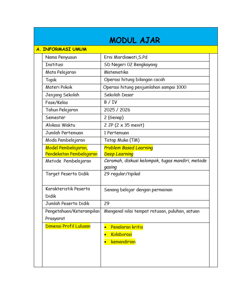 Modul Ajar Matematika Kelas 4 Deep Learning | PDF
