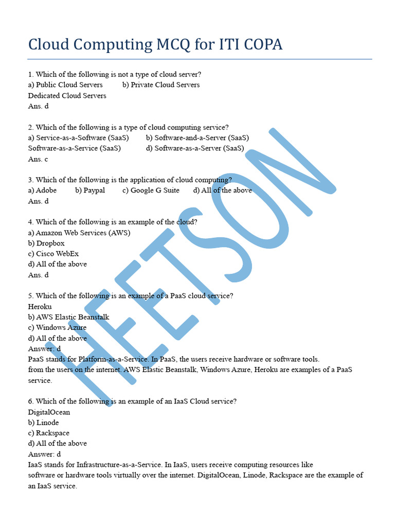 Cloud Computing MCQ for ITI COPA Exam | PDF | Cloud Computing | Computing