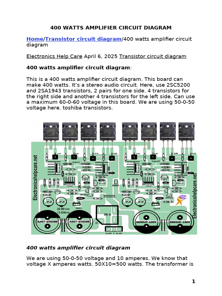 400 Watts Amplifier Circuit Diagram (En) | PDF | Amplifier | Electrical  Network, image size:768x1024