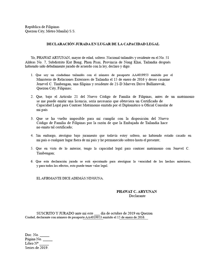 Declaración Jurada para Matrimonio en Filipinas | PDF