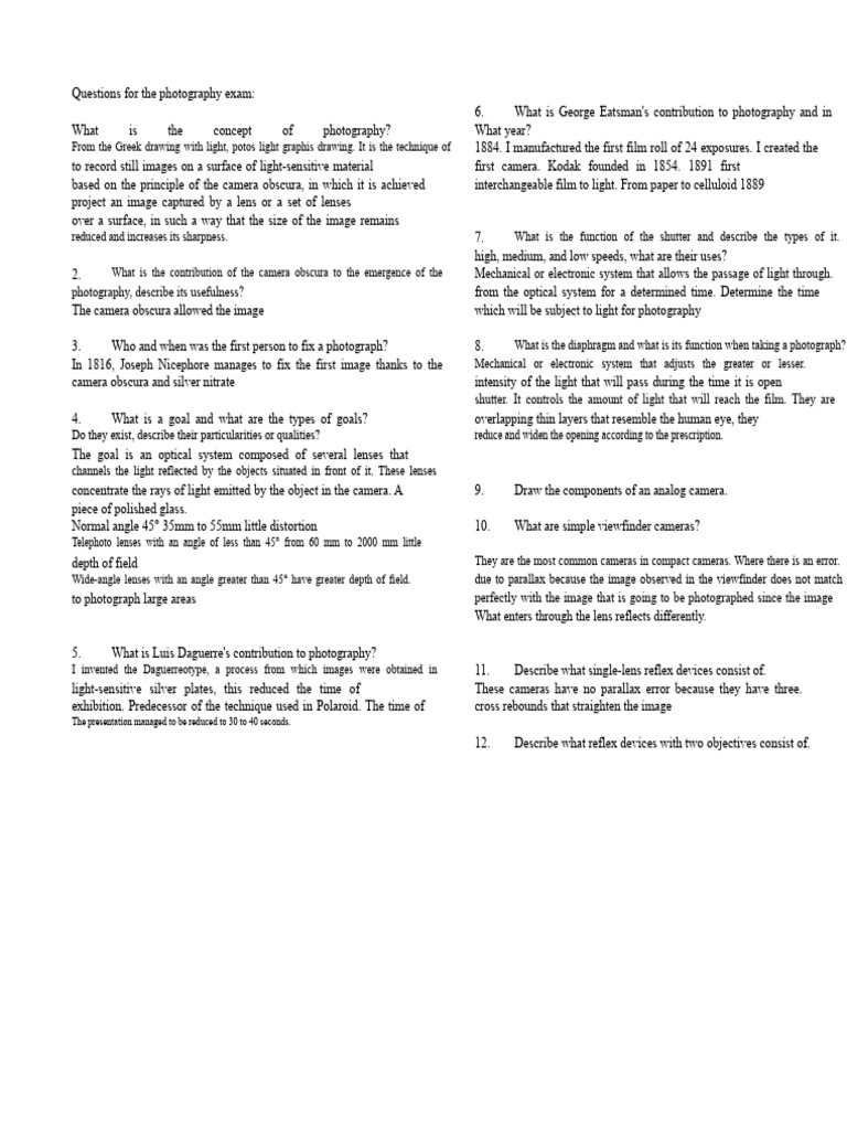 Photography Exam Questions Overview | PDF | Camera | Camera Lens