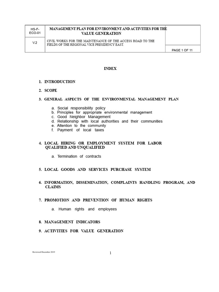 ENVIRONMENTAL MANAGEMENT PLAN and VALUE MANAGEMENT Contract 1 PDF | PDF ...