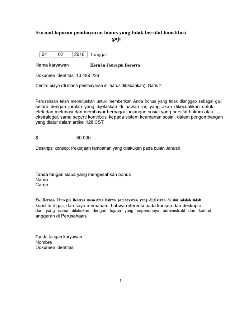 Format Laporan Bonus Non-Gaji Karyawan | PDF