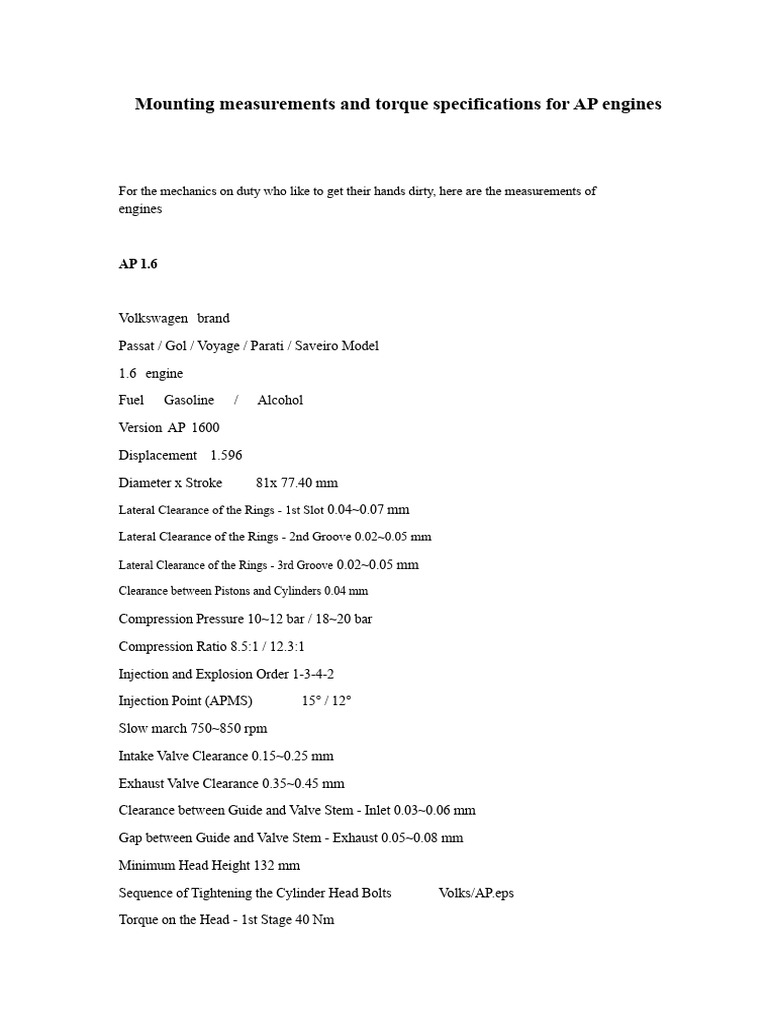 Mounting Measures and Tightening Torques of Engines Ap PDF | PDF ...
