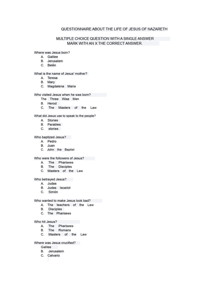 Questionnaire About The Life of Jesus of Nazareth | PDF