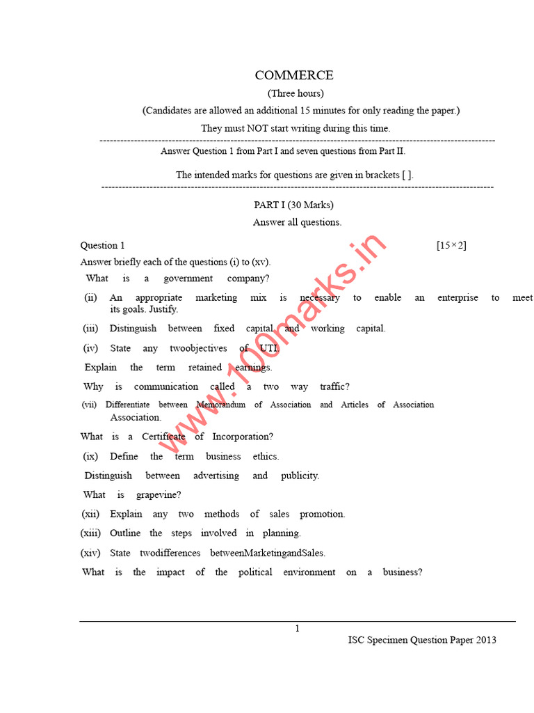 ISC Commerce Exam Specimen Paper 2013 | PDF | Business | Economies
