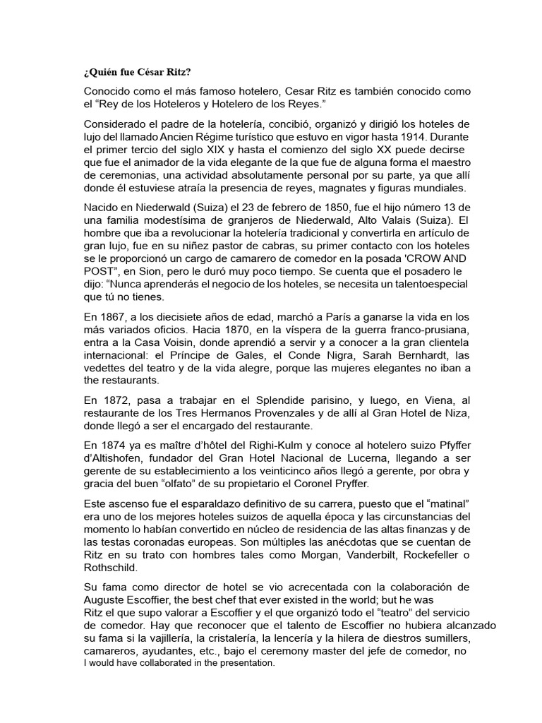 César Ritz y Thomas Cook: Pioneros del Turismo | PDF | Turismo ...