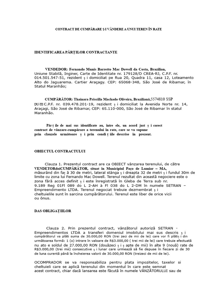 Contract de Cumpărare Și Vânzare A Unui Teren În Rate | PDF