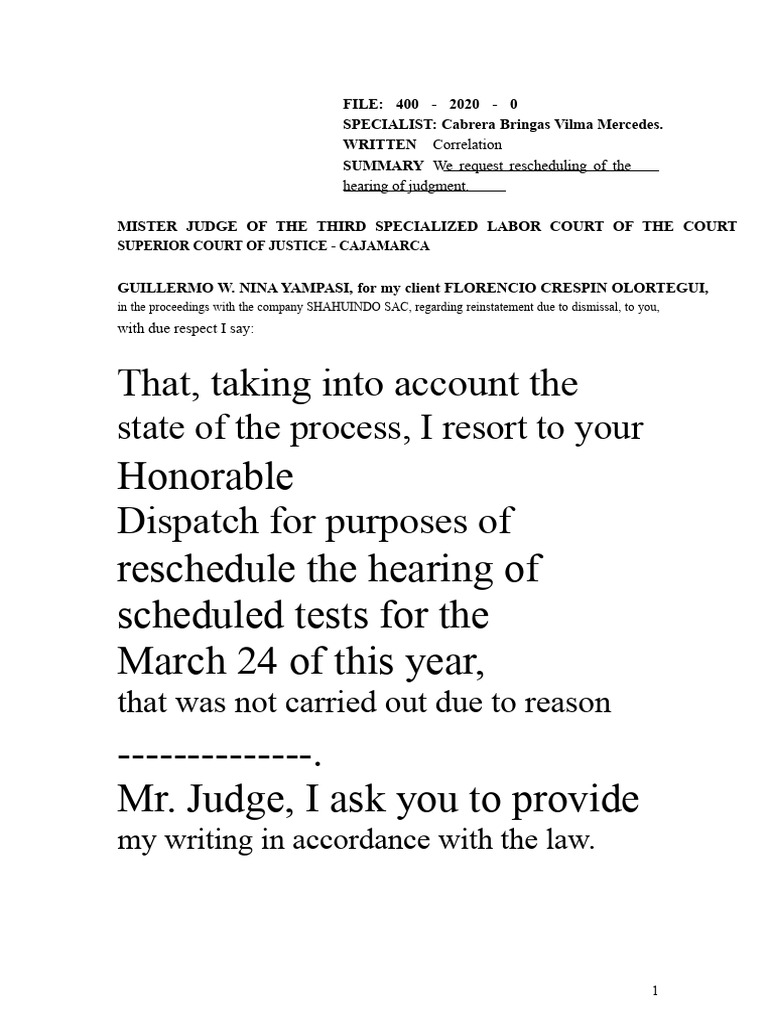 Written Requesting Rescheduling of Hearing Florencio Crespin Olortegui ...