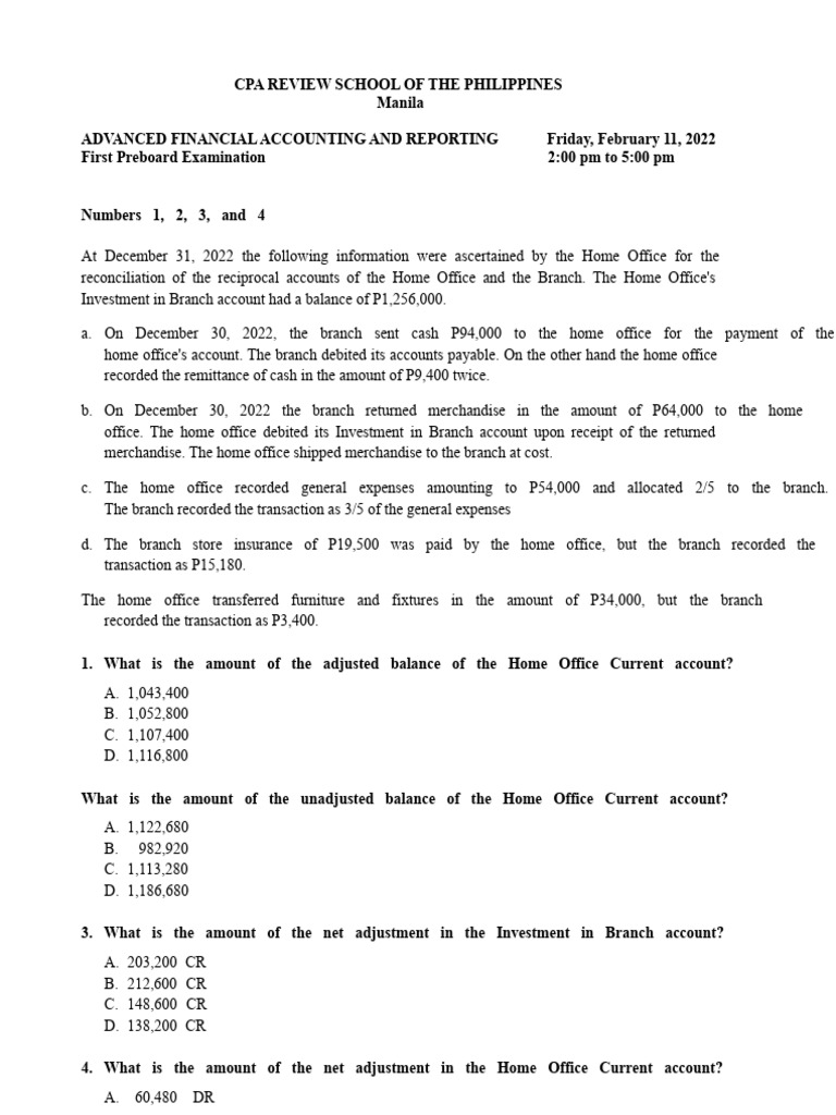 CPA Preboard Exam: Advanced Accounting Questions | PDF | Franchising ...