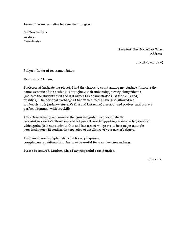 Letter of Recommendation For A Master's Program: Recipient's First Name ...