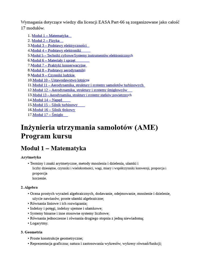 Moduły EASA Part-66 (17 Modułów) | PDF