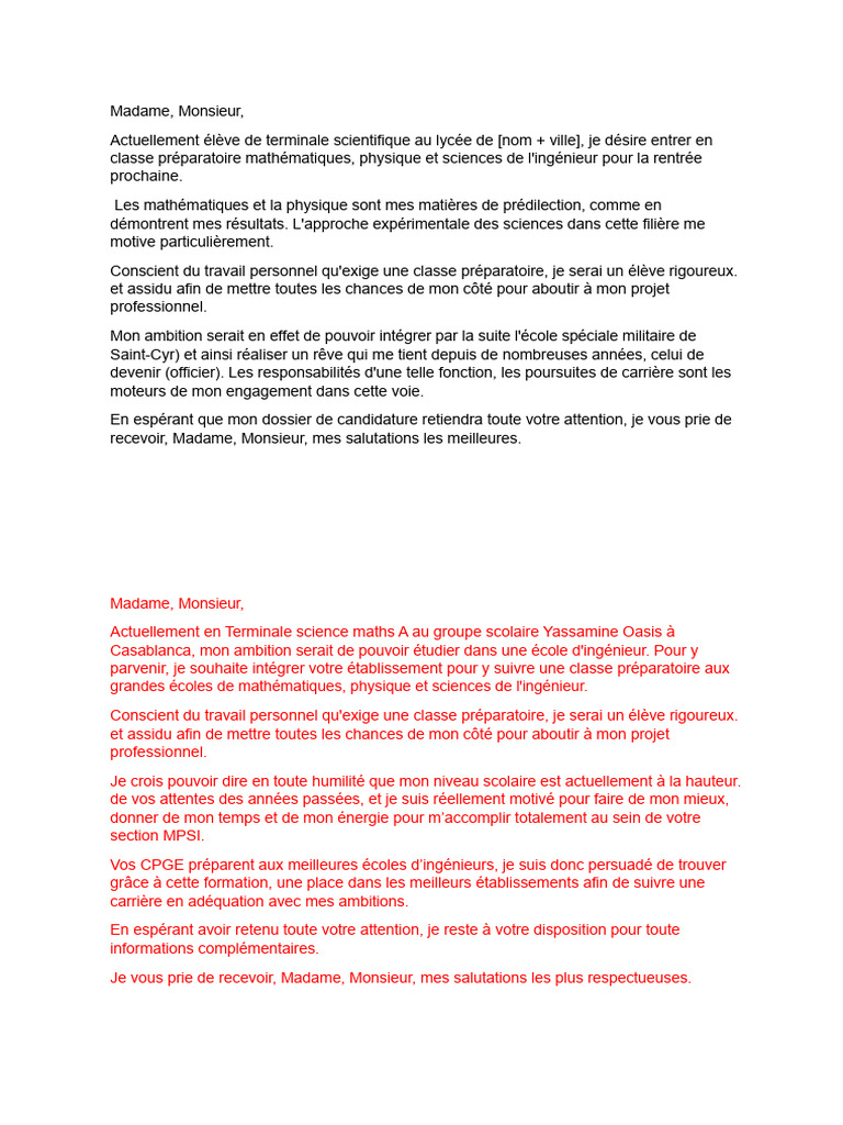 Lettre de motivation pour prépa scientifique PDF — free download