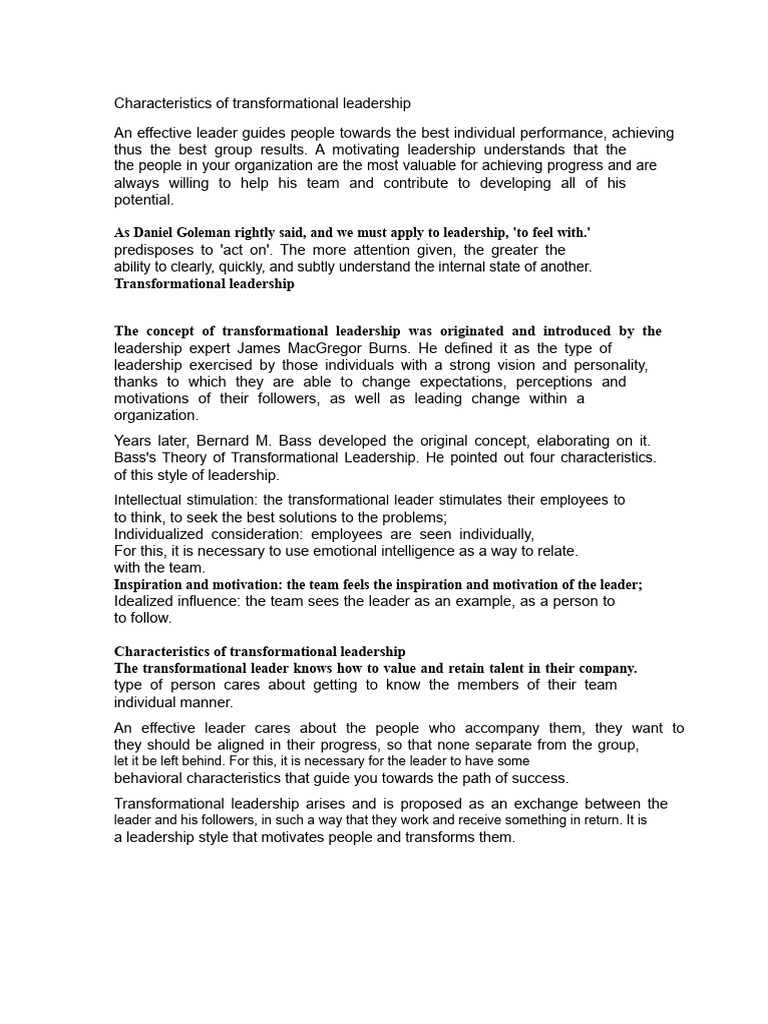 Key Characteristics of Transformational Leadership | PDF ...