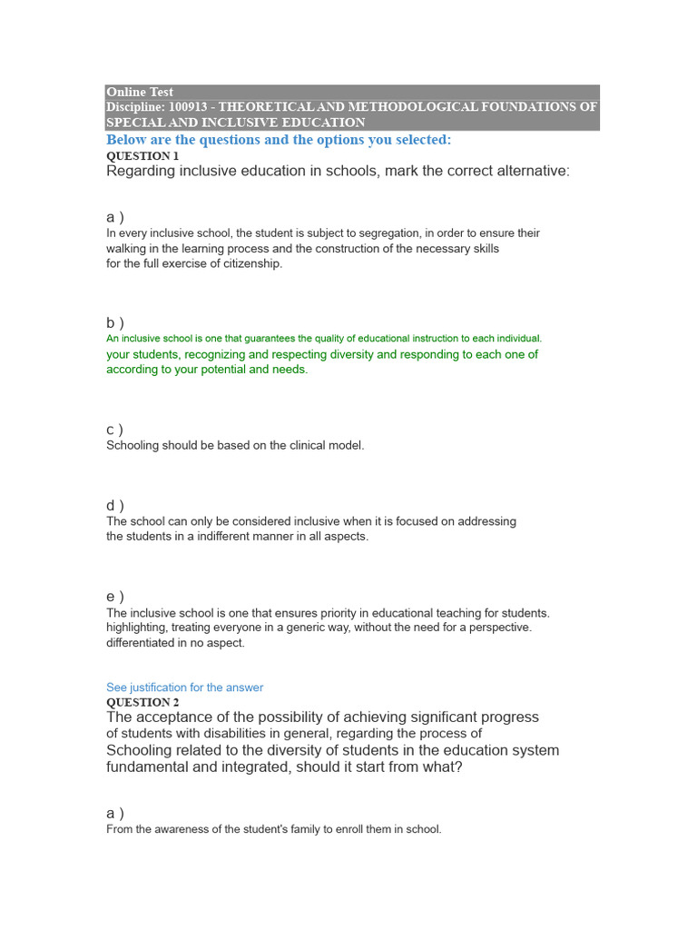 Inclusive Education Assessment Questions | PDF | Inclusion (Education ...