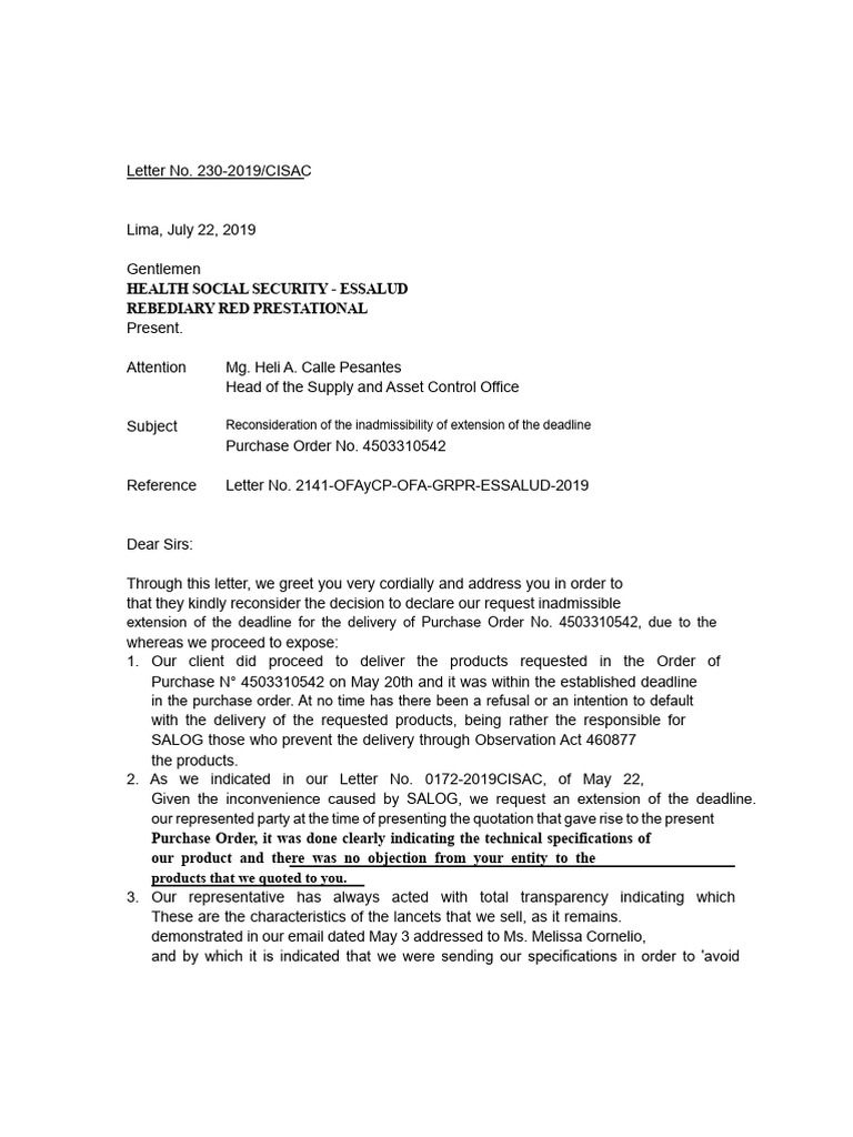 Letter of Reconsideration For Extension of Deadline 10-07-19 | PDF ...