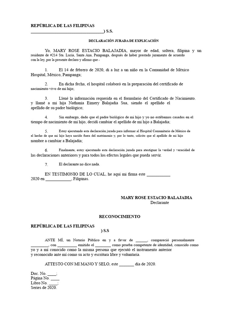 Declaración Jurada de Apellido en Filipinas | PDF