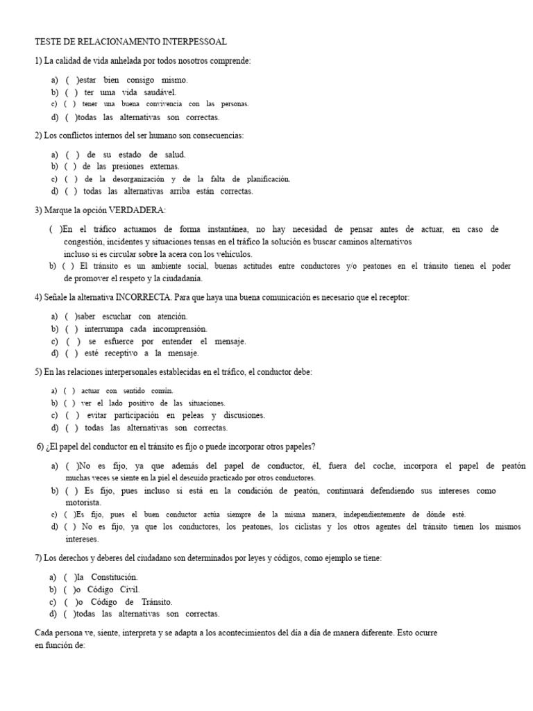 Test de Relaciones Interpersonales y Tráfico | PDF | Tráfico | Peatonal