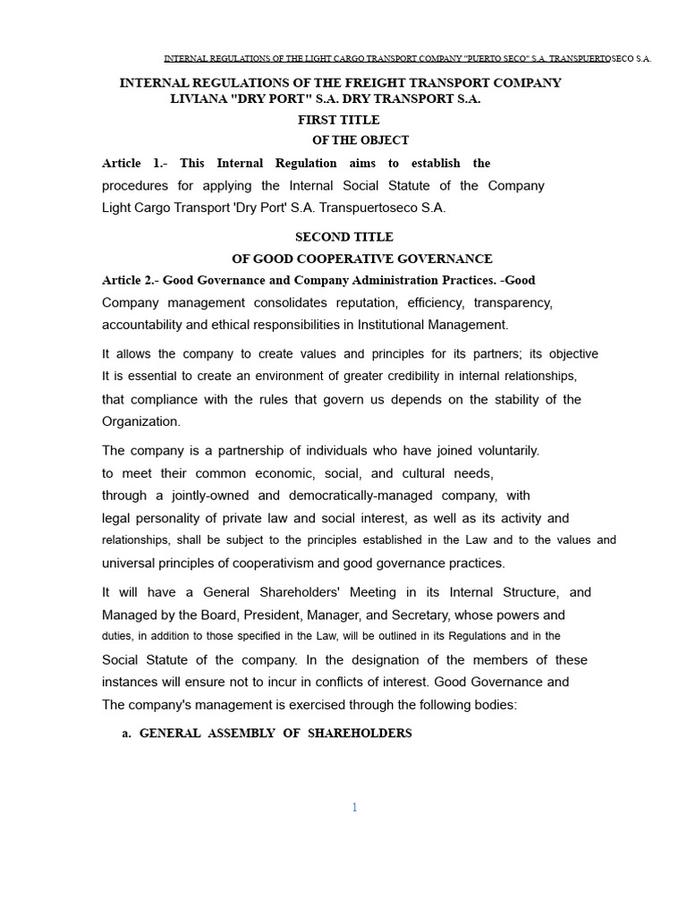 Internal Regulations of Transpuertoseco S.A. | PDF | United Nations ...