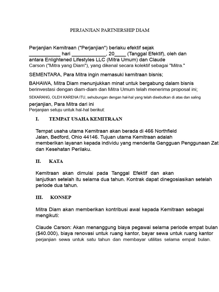 Perjanjian Kemitraan Diam untuk Bisnis | PDF