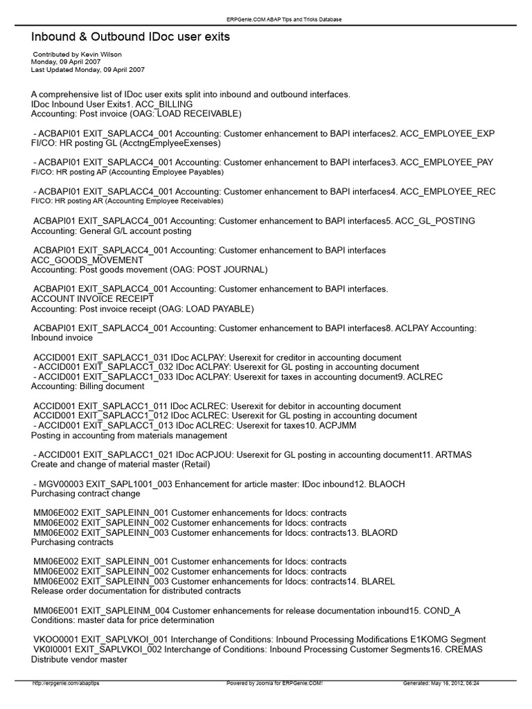 IDoc Inbound User Exits Overview | PDF | Point Of Sale | Electronic ...