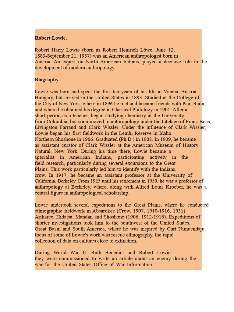 Robert H Lowie Pioneer Of Anthropology PDF Liberal Arts Education