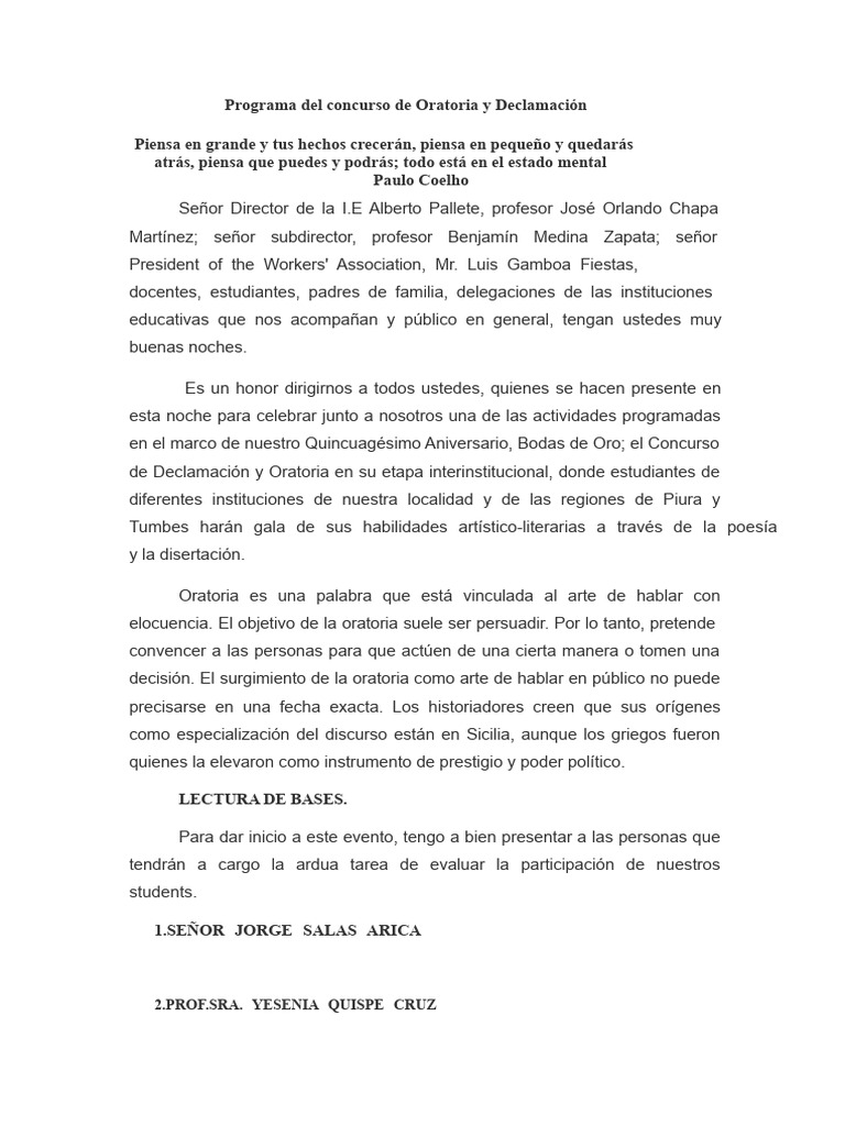 Programa Del Concurso de Oratoria. | PDF | Hablar en público