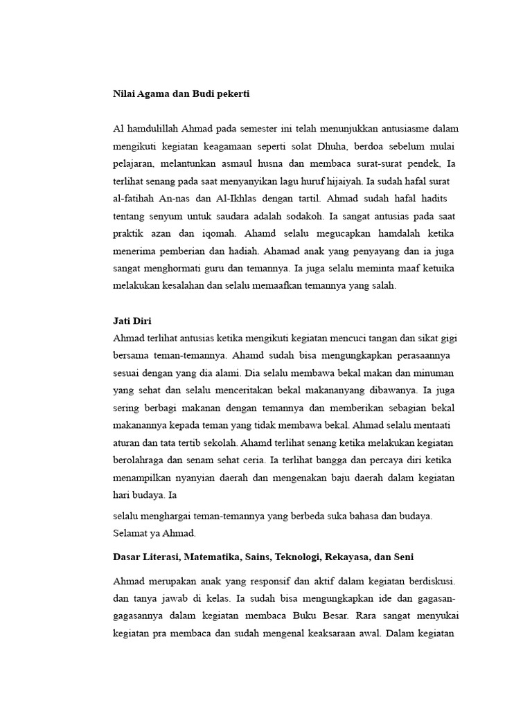 CONTOH Deskripsi Rapor Kurikulum Merdeka Ok | PDF