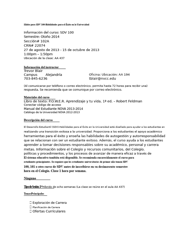 SDV 100: Habilidades para el Éxito Universitario | PDF | Aprendizaje ...