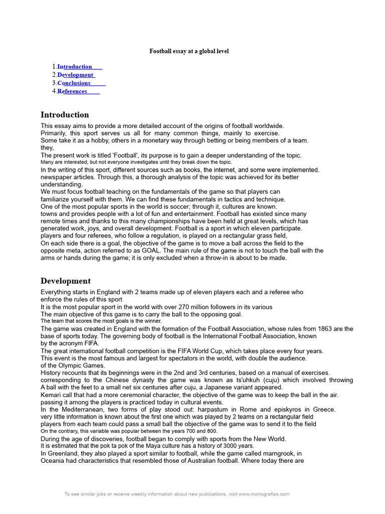 Essay On Football at A Global Level | PDF | Association Football | Sports