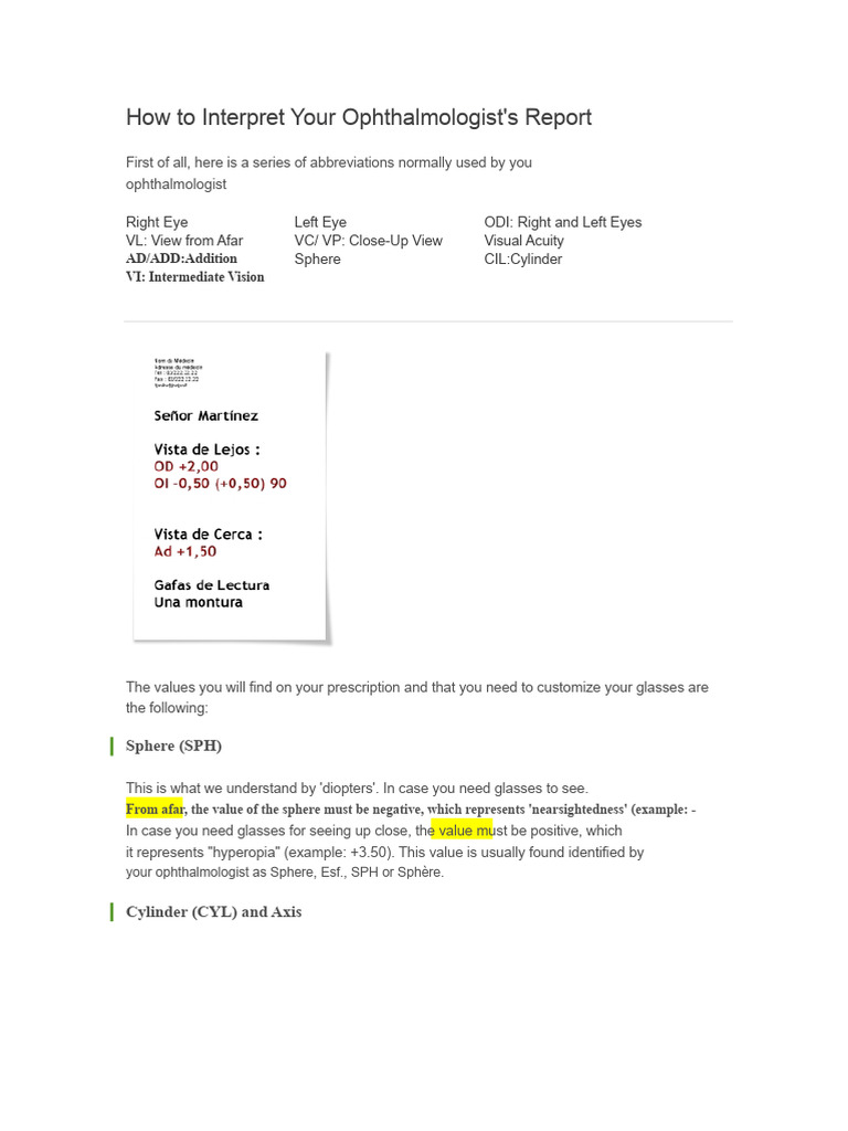 Understanding Your Ophthalmologist's Report | PDF | Glasses | Myopia