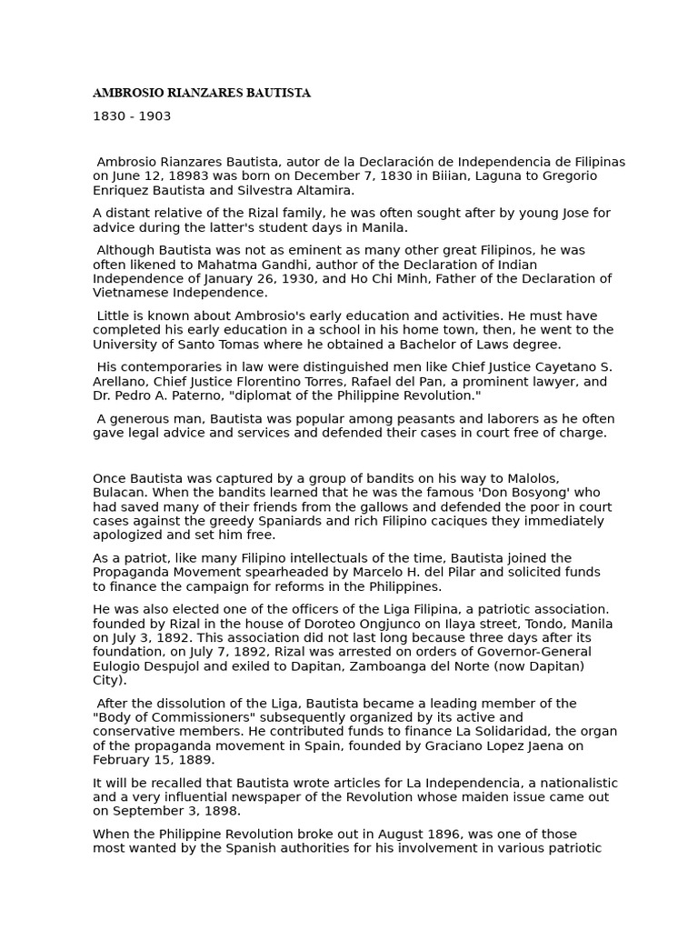 Ambrosio Rianzares Bautista: Life & Legacy | PDF | Philippines–Spain ...