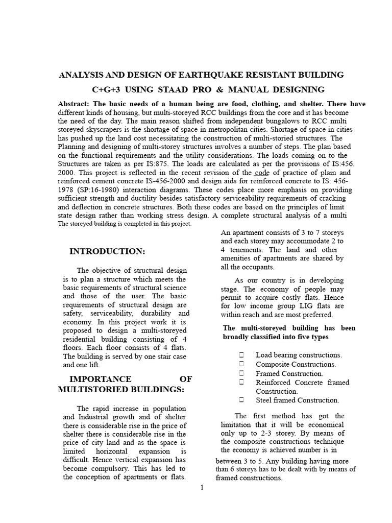 Analysis and Design of Earthquake Resistant Building C+G+3 Using Staad ...