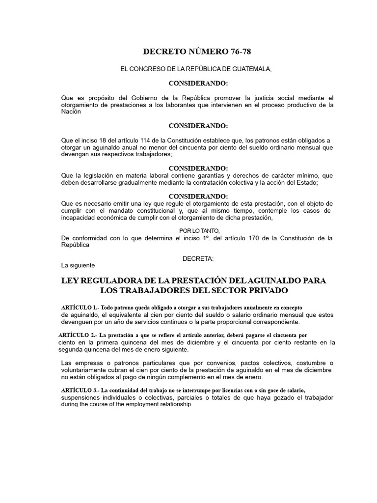 Ley del Aguinaldo en Guatemala 1978 | PDF | Derecho laboral | Salario
