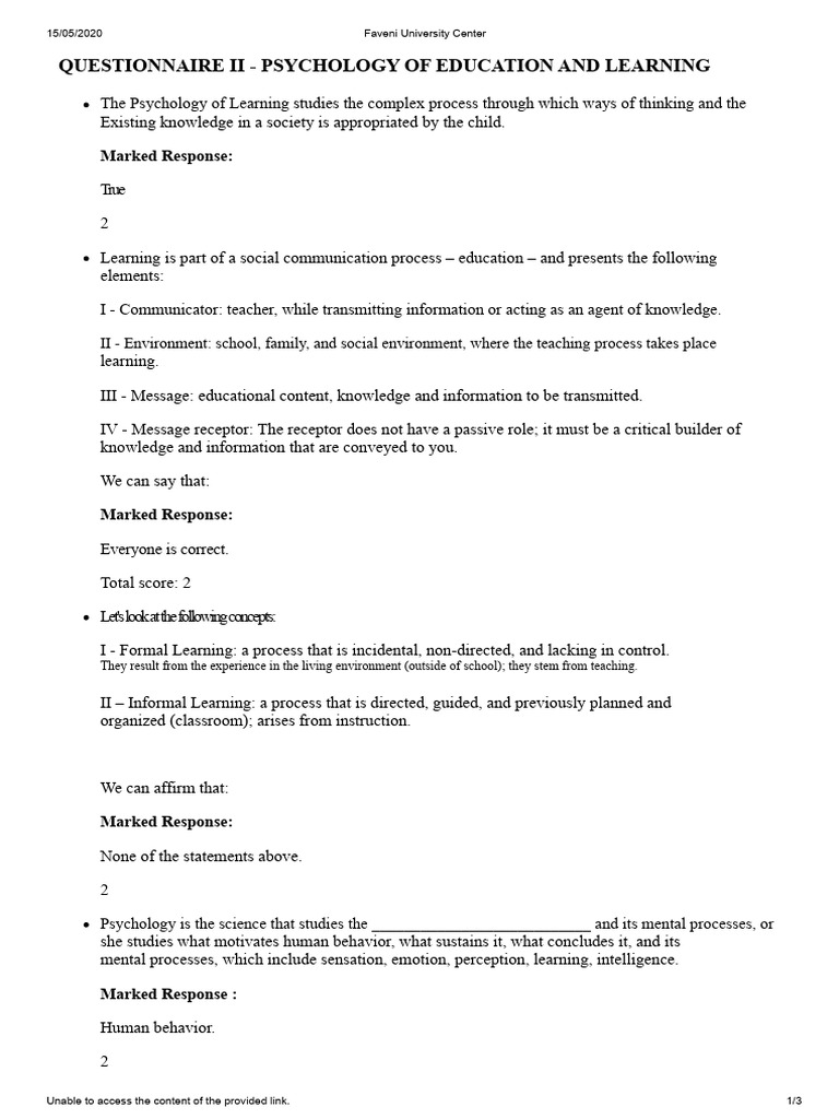 Psychology of Education Questionnaire | PDF | Learning | Teachers