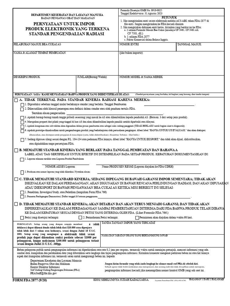 Panduan Pengisian Form FDA 2877 | PDF