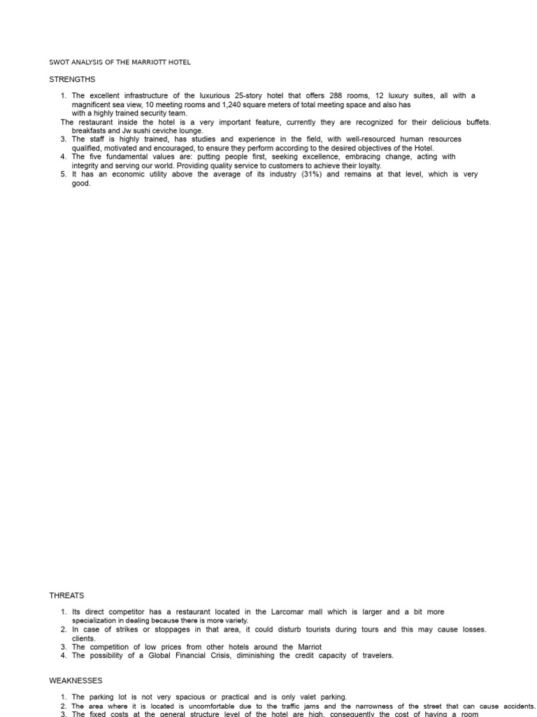 Marriott Hotel SWOT Analysis Overview | PDF | Hotel | Swot Analysis