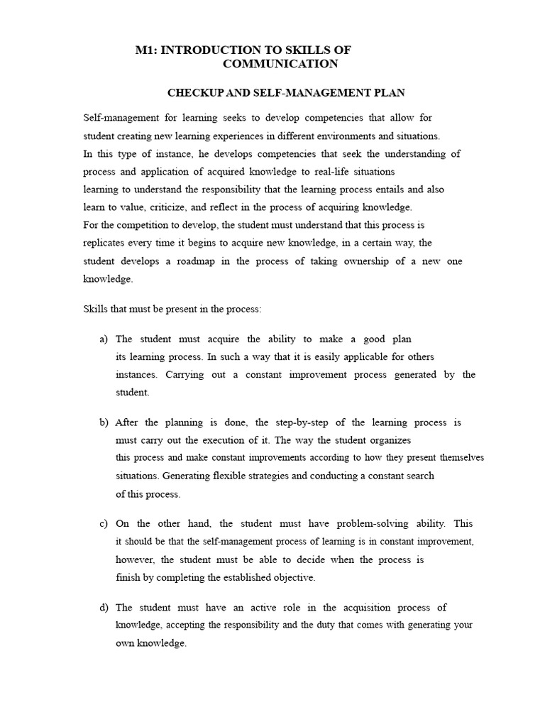 Checkup and Self-Management Plan | PDF | Learning | Teachers