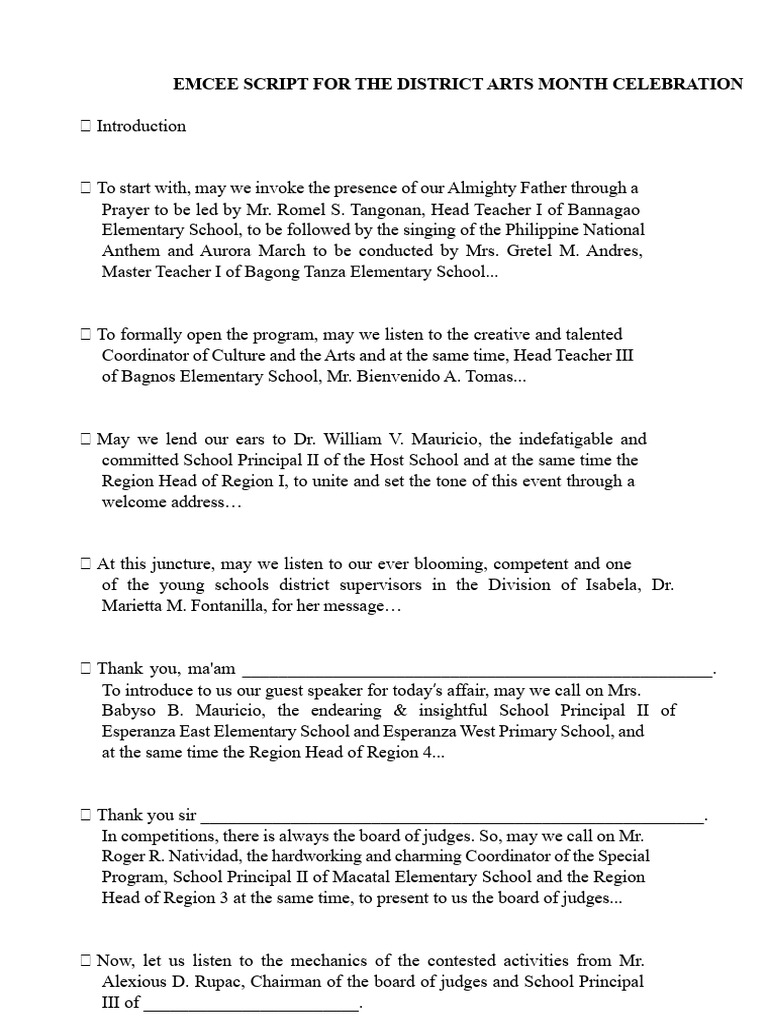 Emcee Script for Arts Month Celebration | PDF | Philippines | Recreation