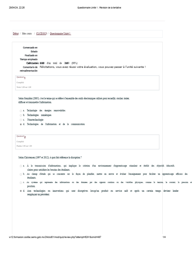 Révision Questionnaire Unité 1 Évaluation | PDF | Apprentissage ...