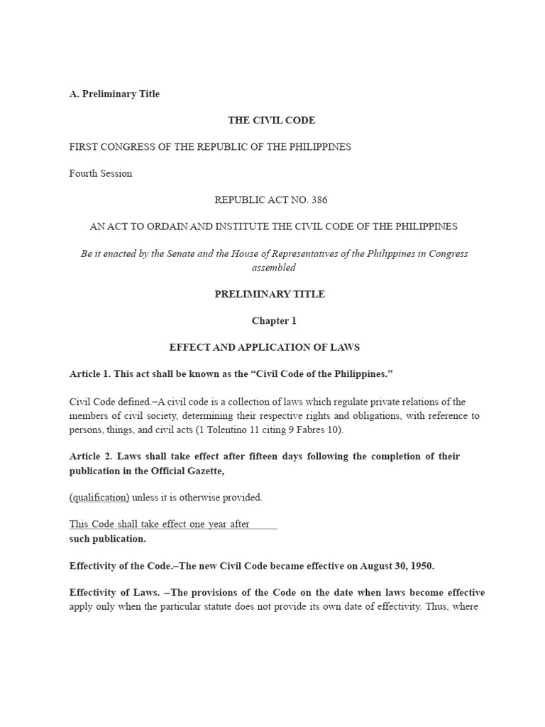 Civil Code of the Philippines Overview | PDF | Precedent | Ex Post ...