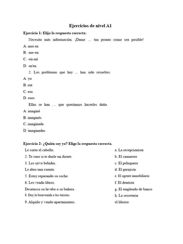 Ejercicios de Nivel A1 | PDF