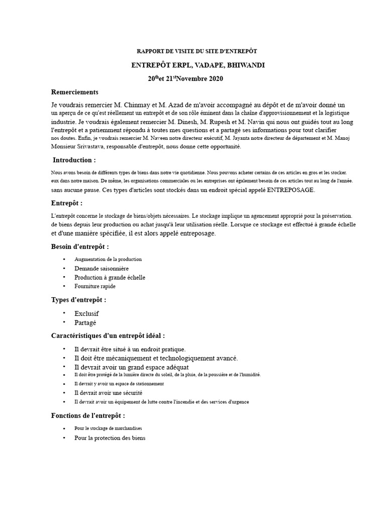 Rapport de visite d'entrepôt ERPL | PDF | Entrepôt | Inventaire