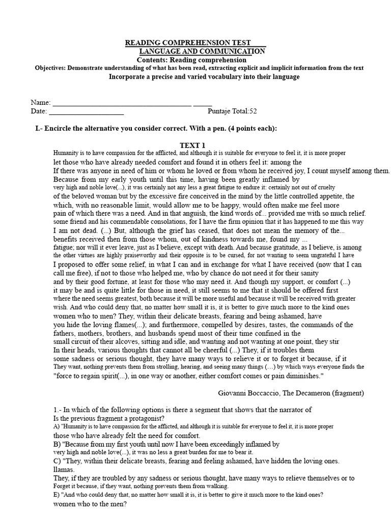 Reading Comprehension Test Guide | PDF | Reading Comprehension