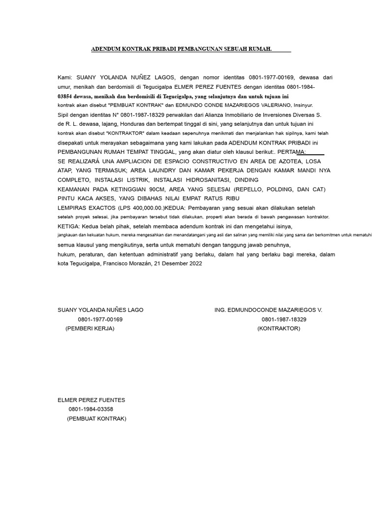 Adendum Kontrak Pembangunan Rumah | PDF