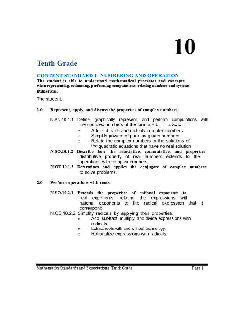 Tenth Grade Math Standards Overview | PDF | Exponential Function ...