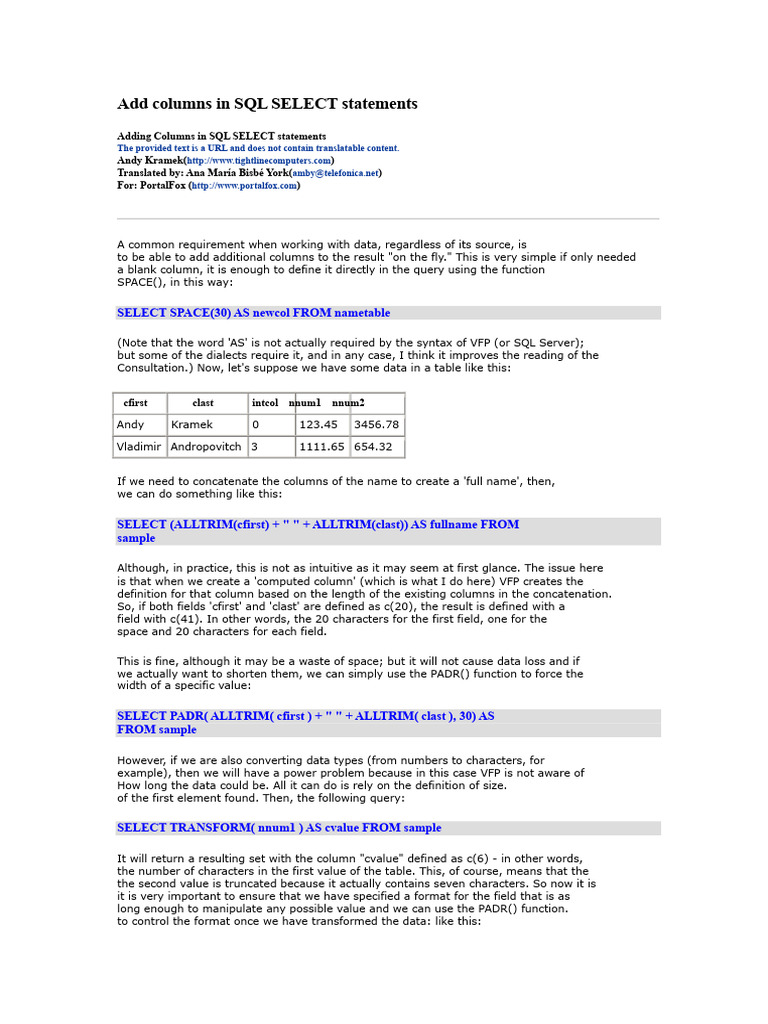 Adding Columns in SQL SELECT Queries | PDF | Sql | Function (Mathematics)