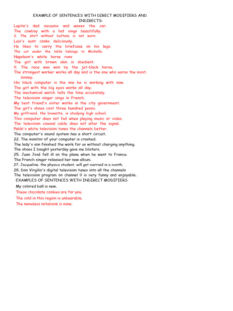 Exercise Direct and Indirect Modifiers of The Subject | PDF