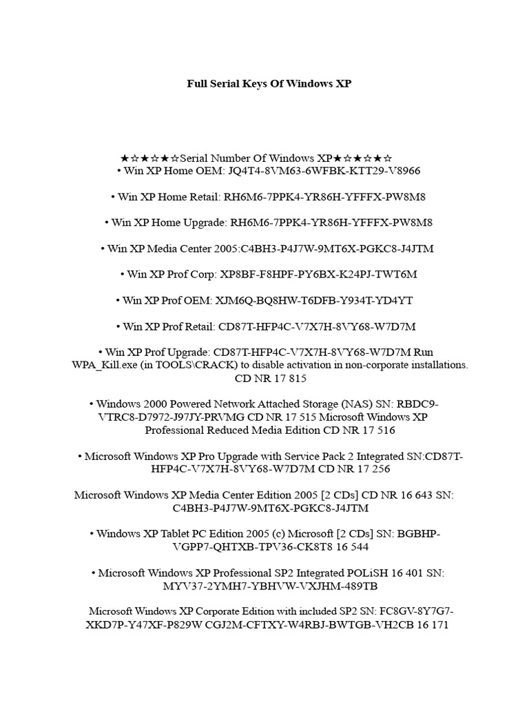 Full Serial Keys of Windows XP All Versions | PDF | Windows Xp ...